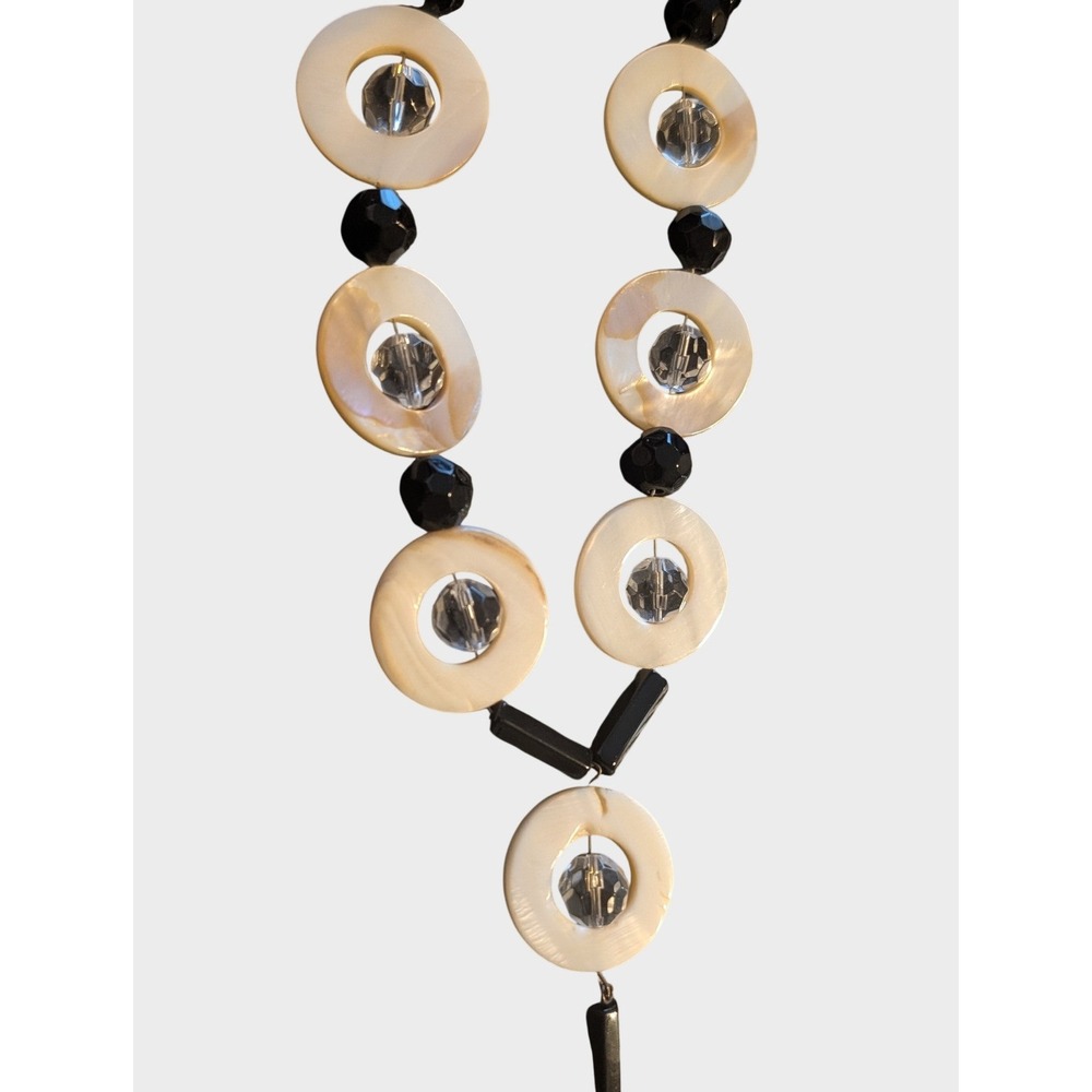 Vintage Y-Drop Necklace Black Cream Lucite Glass Geometric Beaded Adjustable